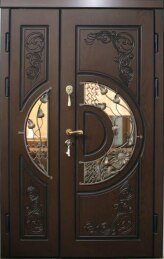 Дверь двойная металлическая входная антик с окном кованая элитная в дом с установкой ДВ-14