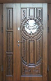 Двухстворчатая металлическая дверь с окном кованая на заказ недорогая ДВ-79