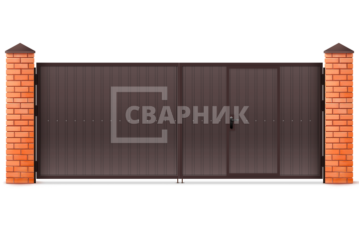 Распашные ворота с калиткой из профнастила 3000×2500 СВВ-6474 — фото 1