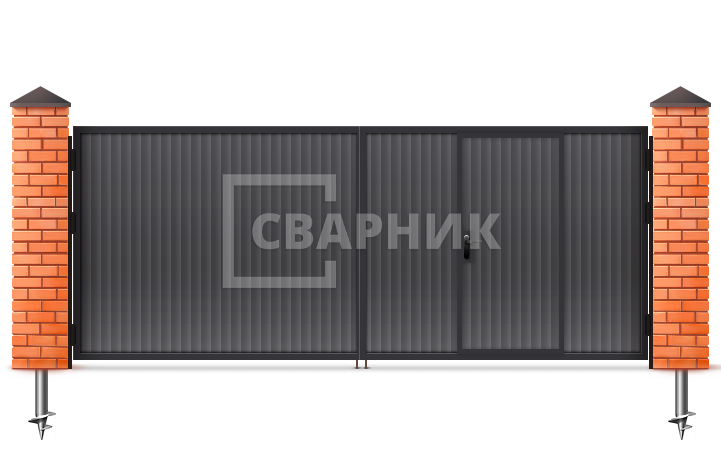 Ворота распашные с калиткой простые 2000×2750 СВВ-5669 — фото 1