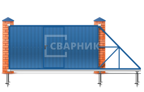 Откатные ворота 10000×2100 высотой и шириной кованые с системой шлагбаумов и стандартной рамой СВВ-5240